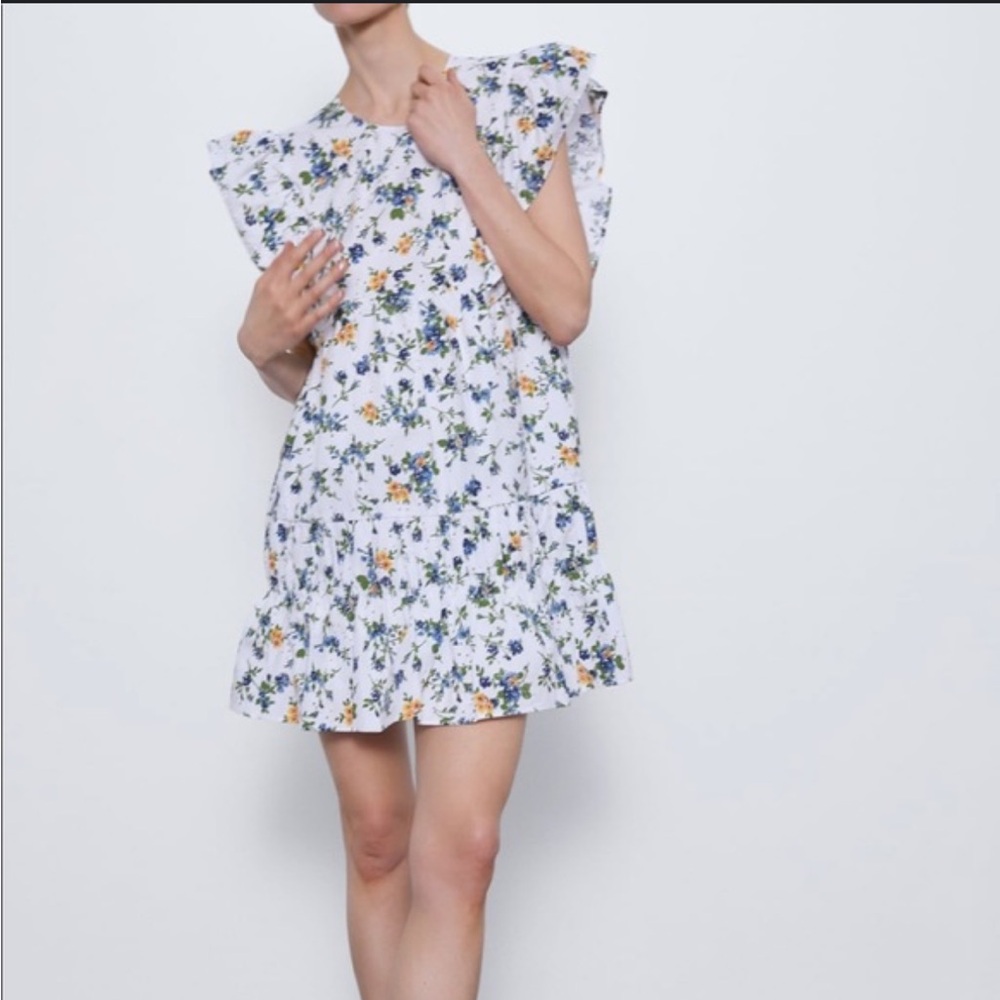 Zara White Mini Dress with Blue and Orange Floral Print xsmall